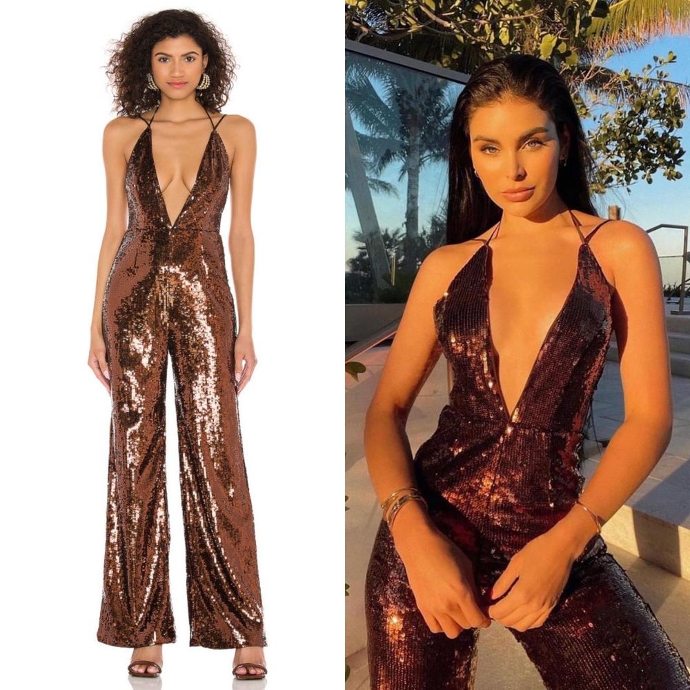 Camila Coelho Callie Jumpsuit Sequin Bronze Brown Sleeveless V Neck Size XS